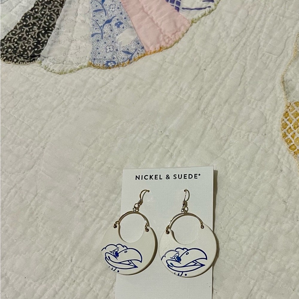 Nickel & Suede White Earrings with Blue Design